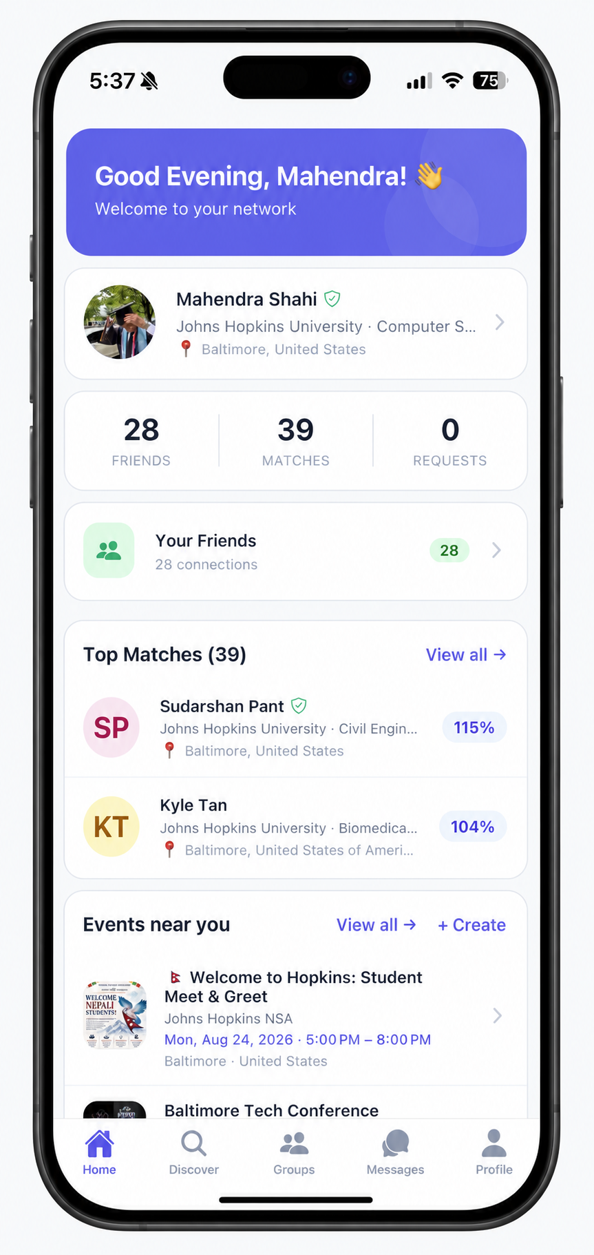 Home – See your matches and activity